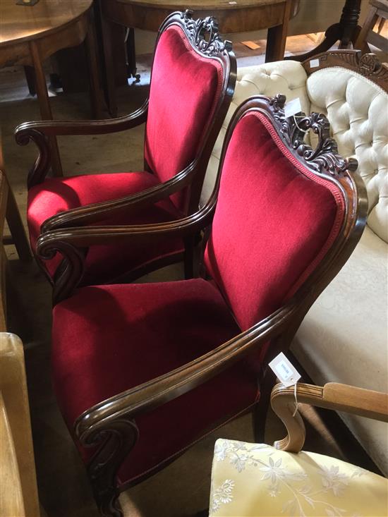 Pair of 19C Continental fauteuils, upholstered in red
